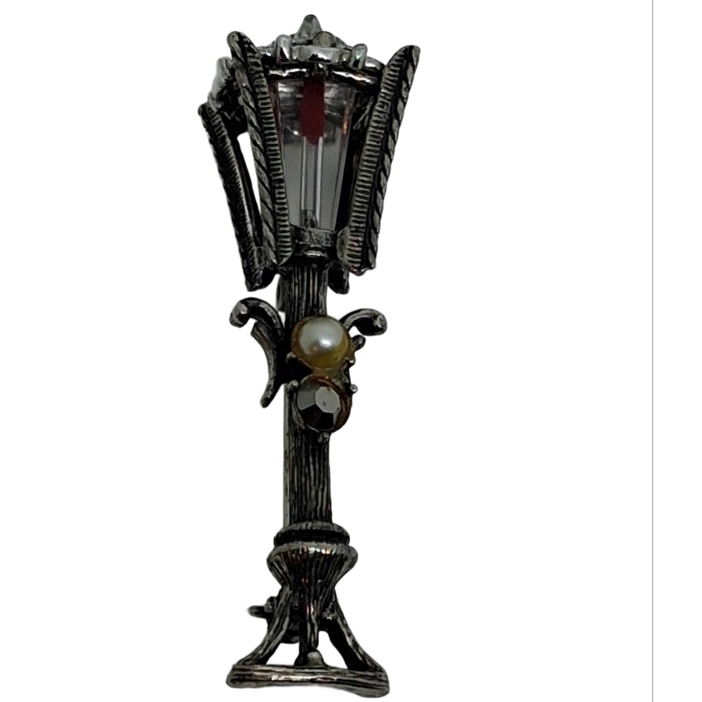 VTG Hollycraft Christmas Street Lamp Brooch Silver Tone Festive Signed